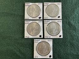 (5) Morgan Dollars: (1) 1887 No Mint Mark MS-62, (1) 1898 No Mint Mark MS-6