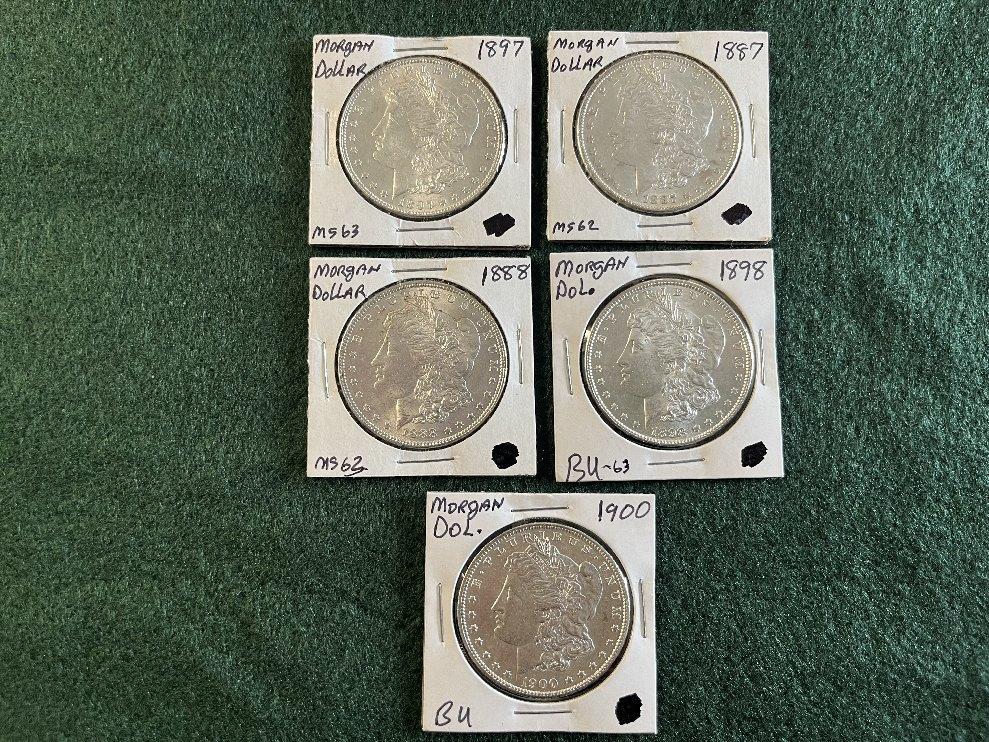 (5) Morgan Dollars: (1) 1887 No Mint Mark MS-62, (1) 1898 No Mint Mark MS-6
