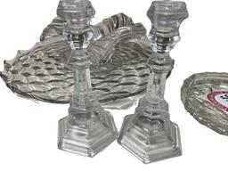 Round Glass Serving Tray with Matching Serving Bowl, 2 Glass Candlesticks plus 1 Glass Ashtray