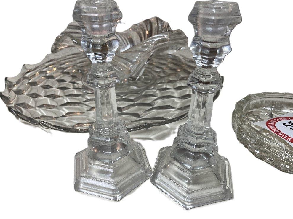 Round Glass Serving Tray with Matching Serving Bowl, 2 Glass Candlesticks plus 1 Glass Ashtray