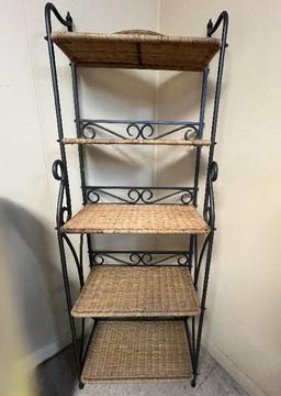 5 Shelf Metal & Wicker Shelving Unit, 66" H x 24" W x 14" D