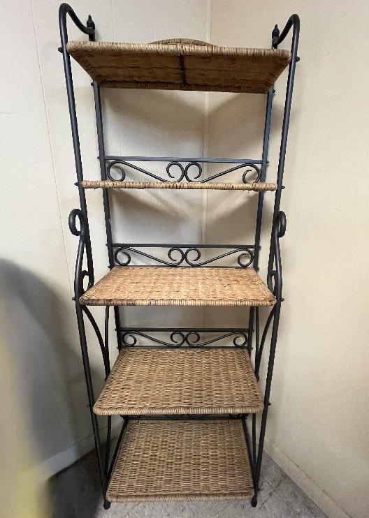 5 Shelf Metal & Wicker Shelving Unit, 66" H x 24" W x 14" D