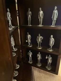 Wooden Display Case & Contents: Collection of Presidential Pewter Statues