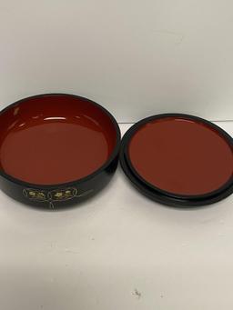 LIDDED BLACK LACQUER & RED SERVING BOWL