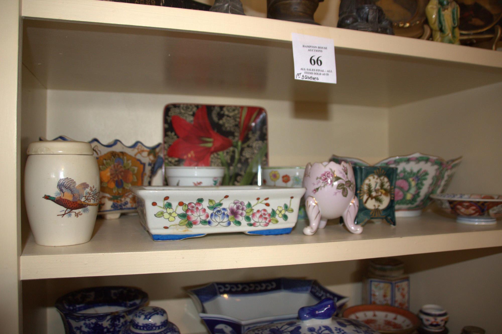 THREE SHELVES OF DECORATIVES