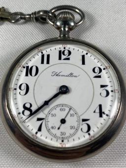 STERLING SILVER HAMILTON POCKET WATCH AND CHAIN