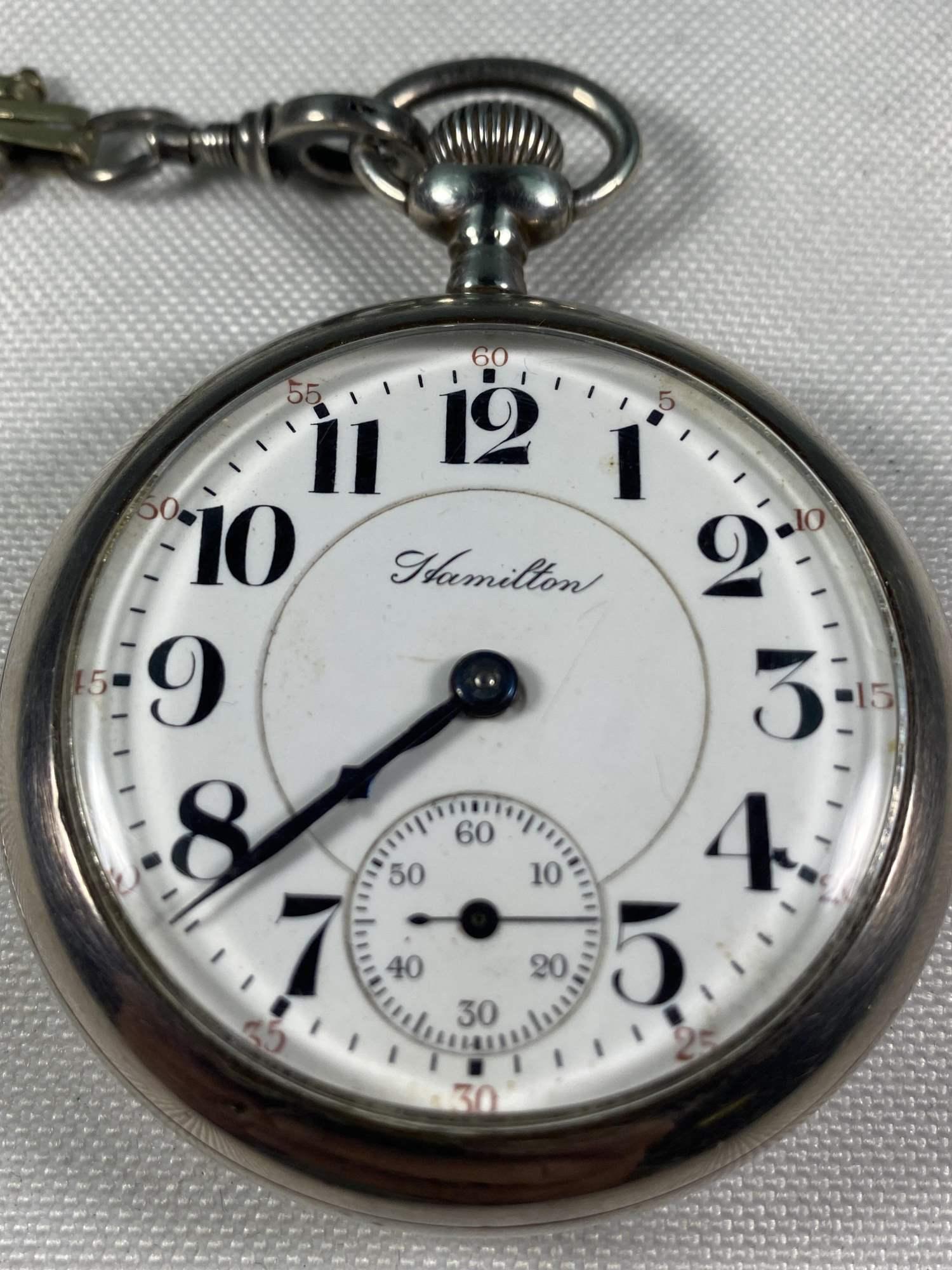 STERLING SILVER HAMILTON POCKET WATCH AND CHAIN