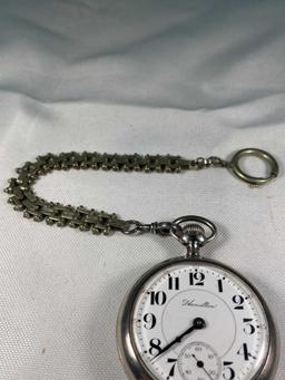 STERLING SILVER HAMILTON POCKET WATCH AND CHAIN