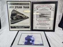 2  N&W ADVERTISING POSTERS AND FRAMED STEAM ENGINE