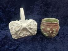 VIETRI CERAMIC BASKET WITH BOW AND SUCCULENT POT
