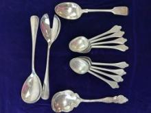 PEWTER SPOONS AND SILVER PLATE SERVING SPOONS