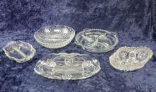 FIVE PIECES OF PRESSED GLASS SERVING DISHES