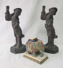 A PAIR OF JAPANESE FIGURINES AND AN ELEPHANT