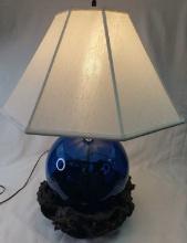 BLUE JAPANESE FLOAT BALL LAMP ON CARVED BASE