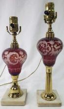 PAIR OF RED ETCHED GLASS LAMPS