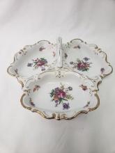 THREE COMPARTMENT FLORAL AND GILT SERVING DISH