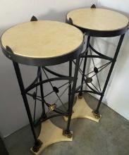 PAIR OF METAL FORM STANDS WITH MARBLE LIKE TOPS