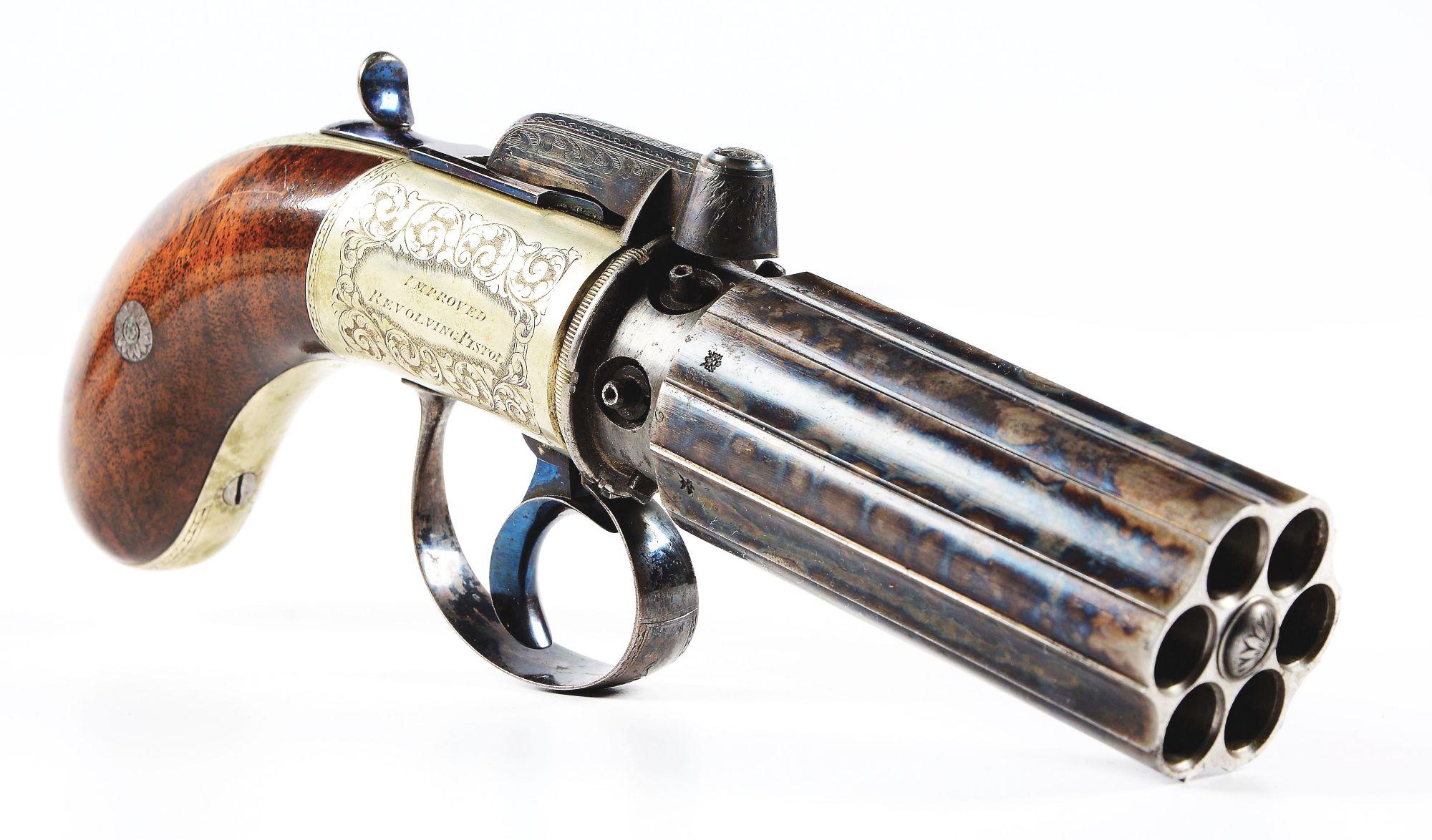 (A) Cased Exquisite Westley Richards Dragoon Pepperbox Revolver.