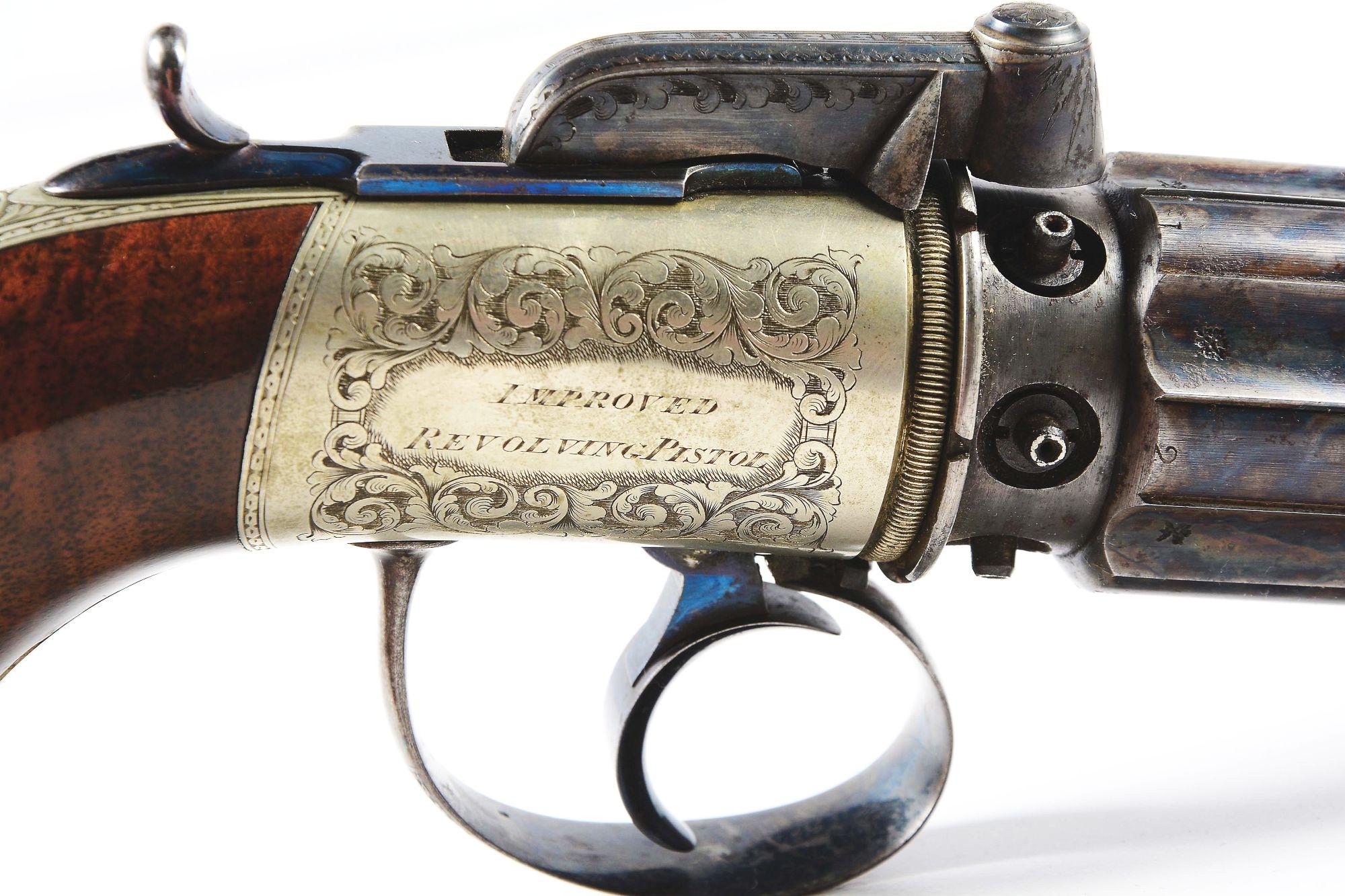 (A) Cased Exquisite Westley Richards Dragoon Pepperbox Revolver.