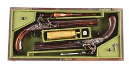 (A) Cased Pair of Flintlock Dueling Pistols by Clarke of Dublin.