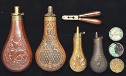 Lot Of 8: Powder Flasks, Bullet Mold & Cap Tins.