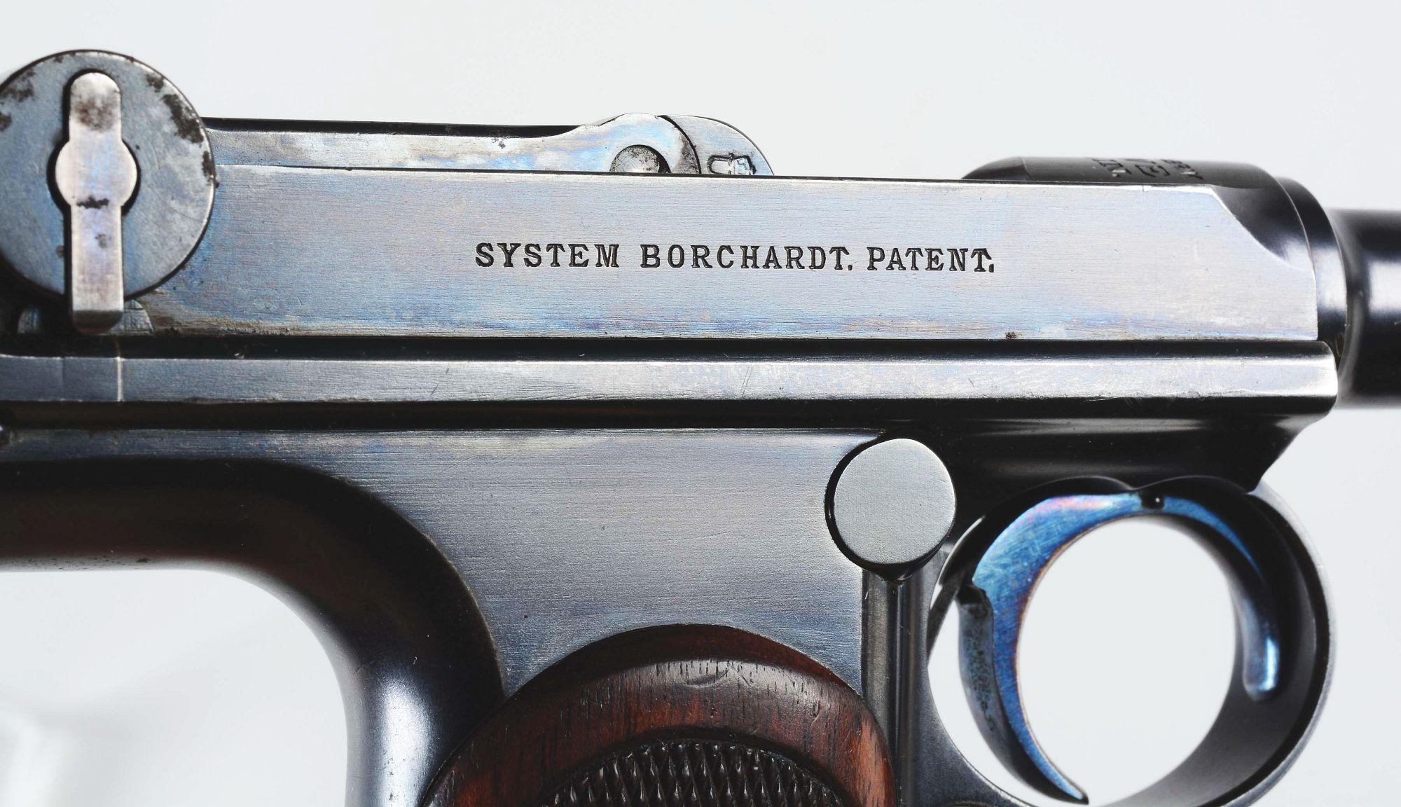 (A) Cased Loewe C93 Borchardt Semi Automatic Pistol with Shoulder Stock.