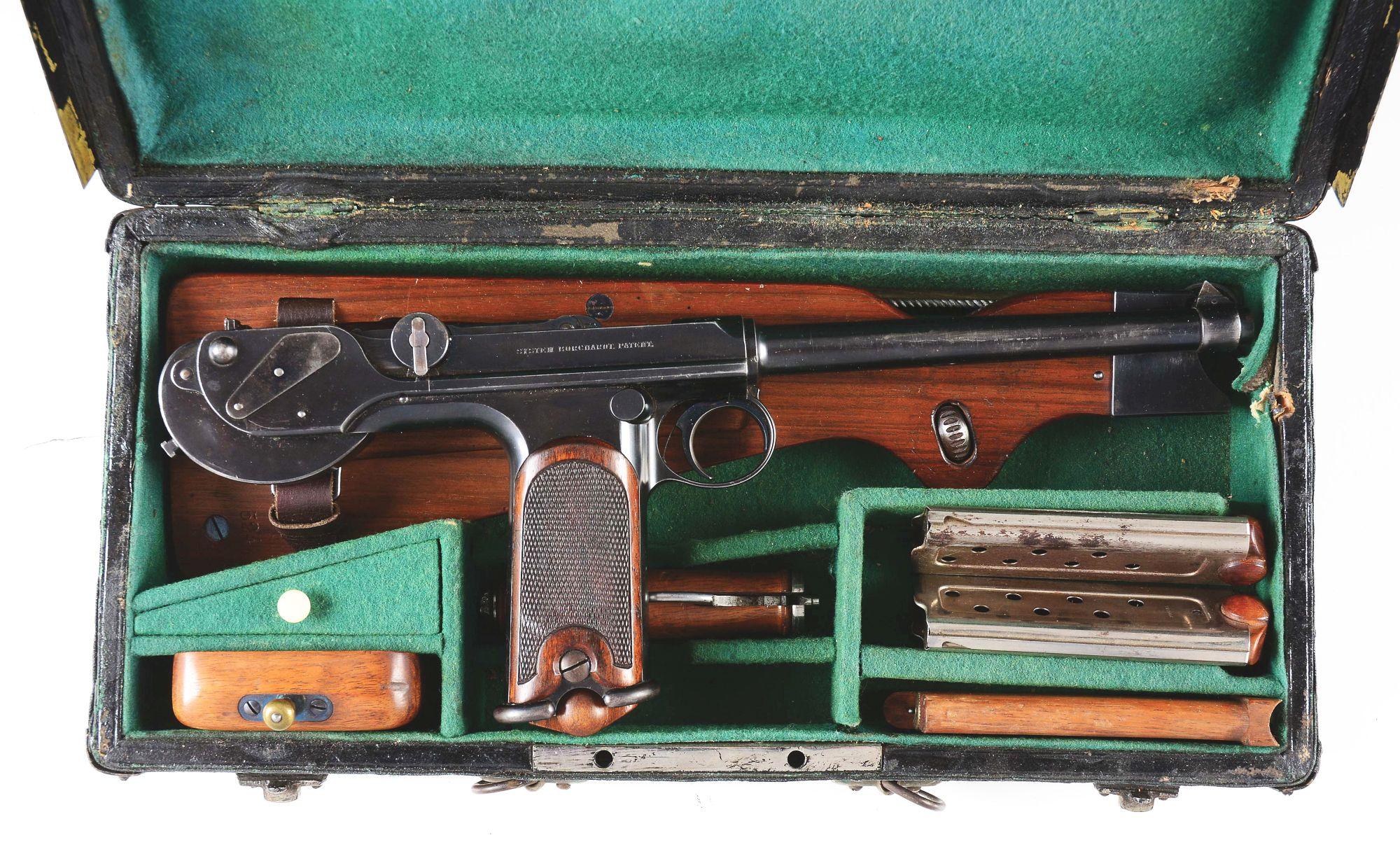 (A) Cased Loewe C93 Borchardt Semi Automatic Pistol with Shoulder Stock.