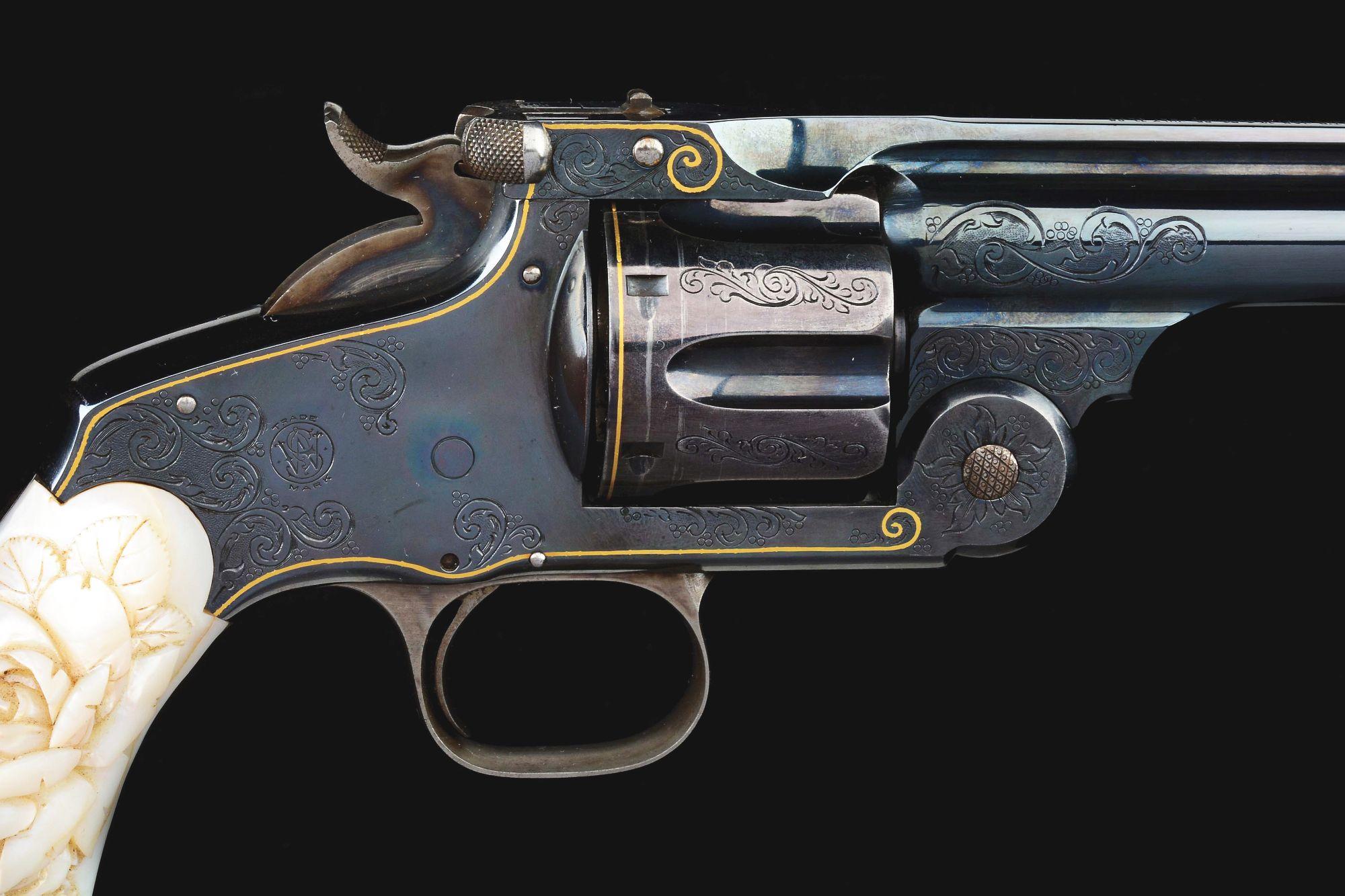 (A) Cased Pair of Japanese Engraved Smith & Wesson No. 3 Revolvers with Carved Pearl Grips.