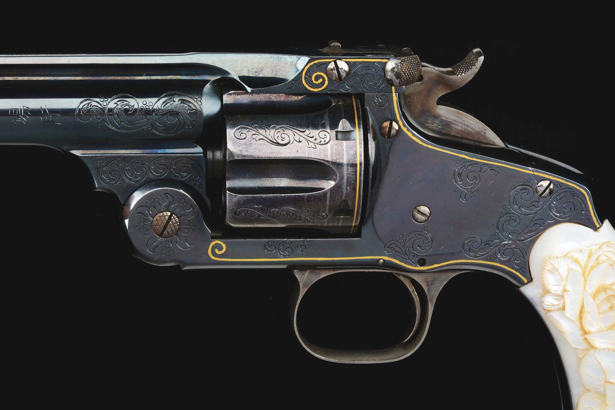 (A) Cased Pair of Japanese Engraved Smith & Wesson No. 3 Revolvers with Carved Pearl Grips.