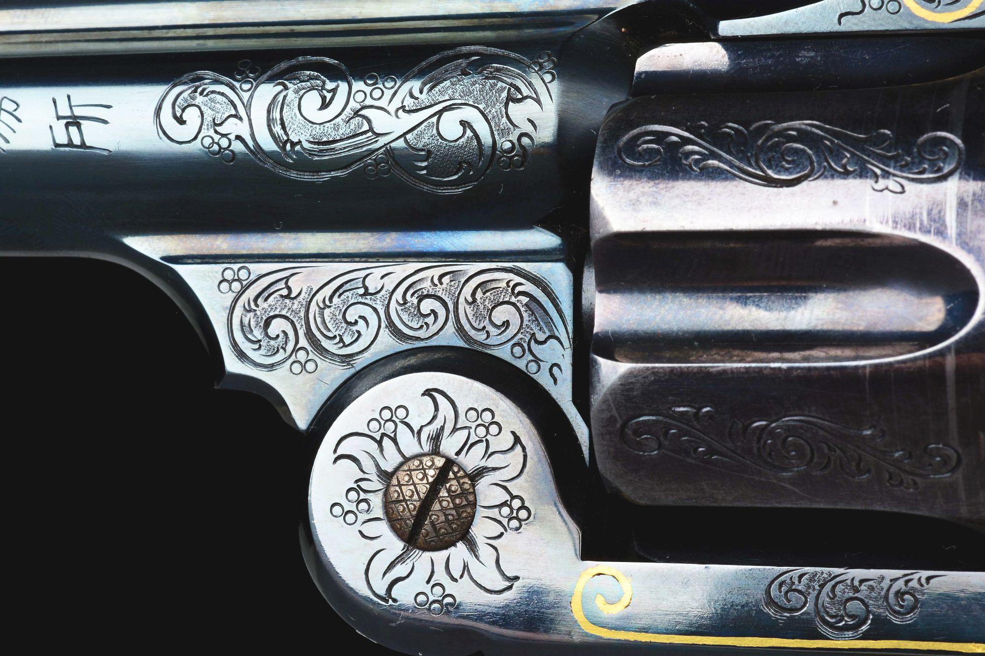 (A) Cased Pair of Japanese Engraved Smith & Wesson No. 3 Revolvers with Carved Pearl Grips.