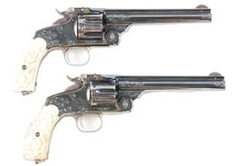 (A) Cased Pair of Japanese Engraved Smith & Wesson No. 3 Revolvers with Carved Pearl Grips.