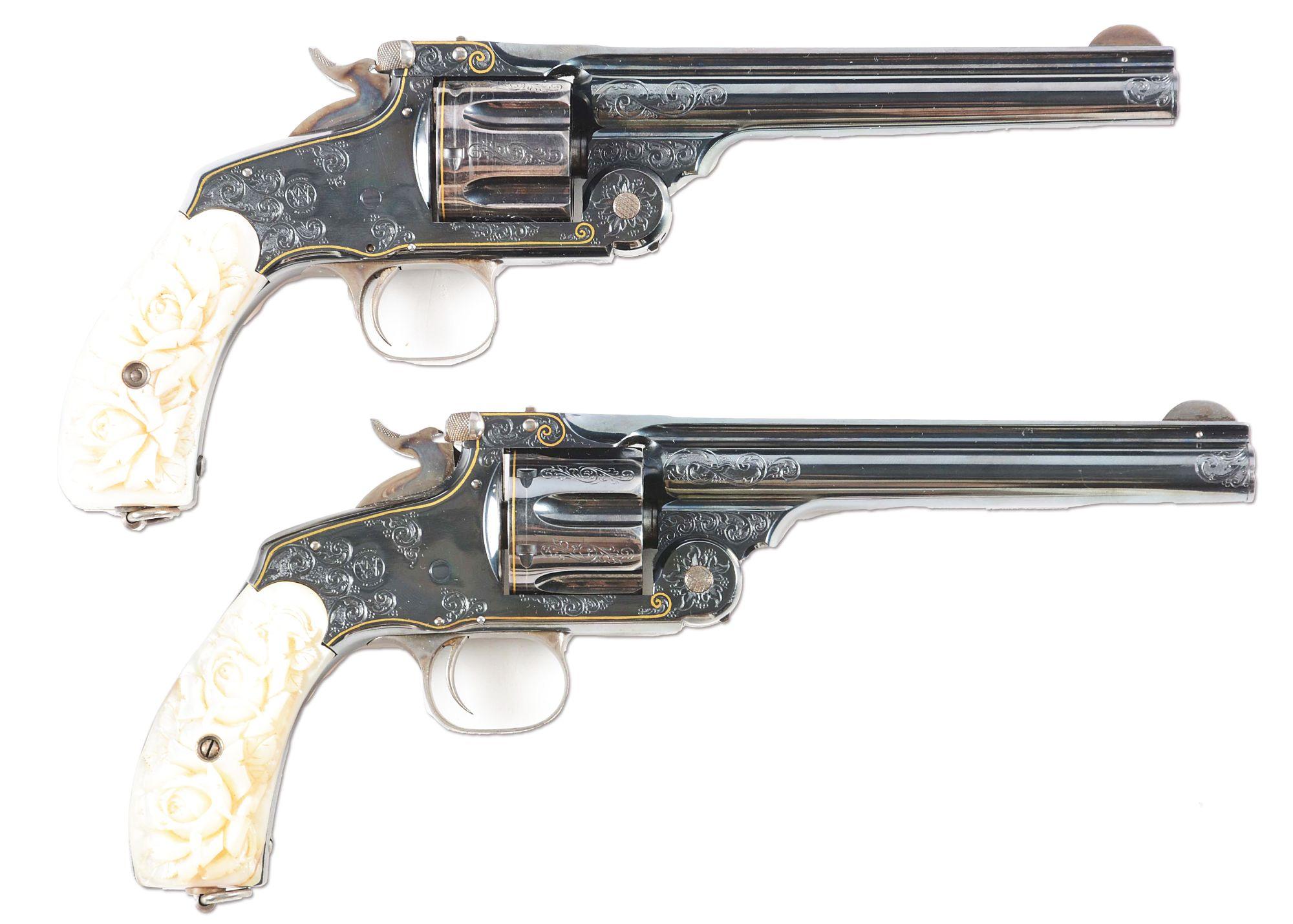 (A) Cased Pair of Japanese Engraved Smith & Wesson No. 3 Revolvers with Carved Pearl Grips.