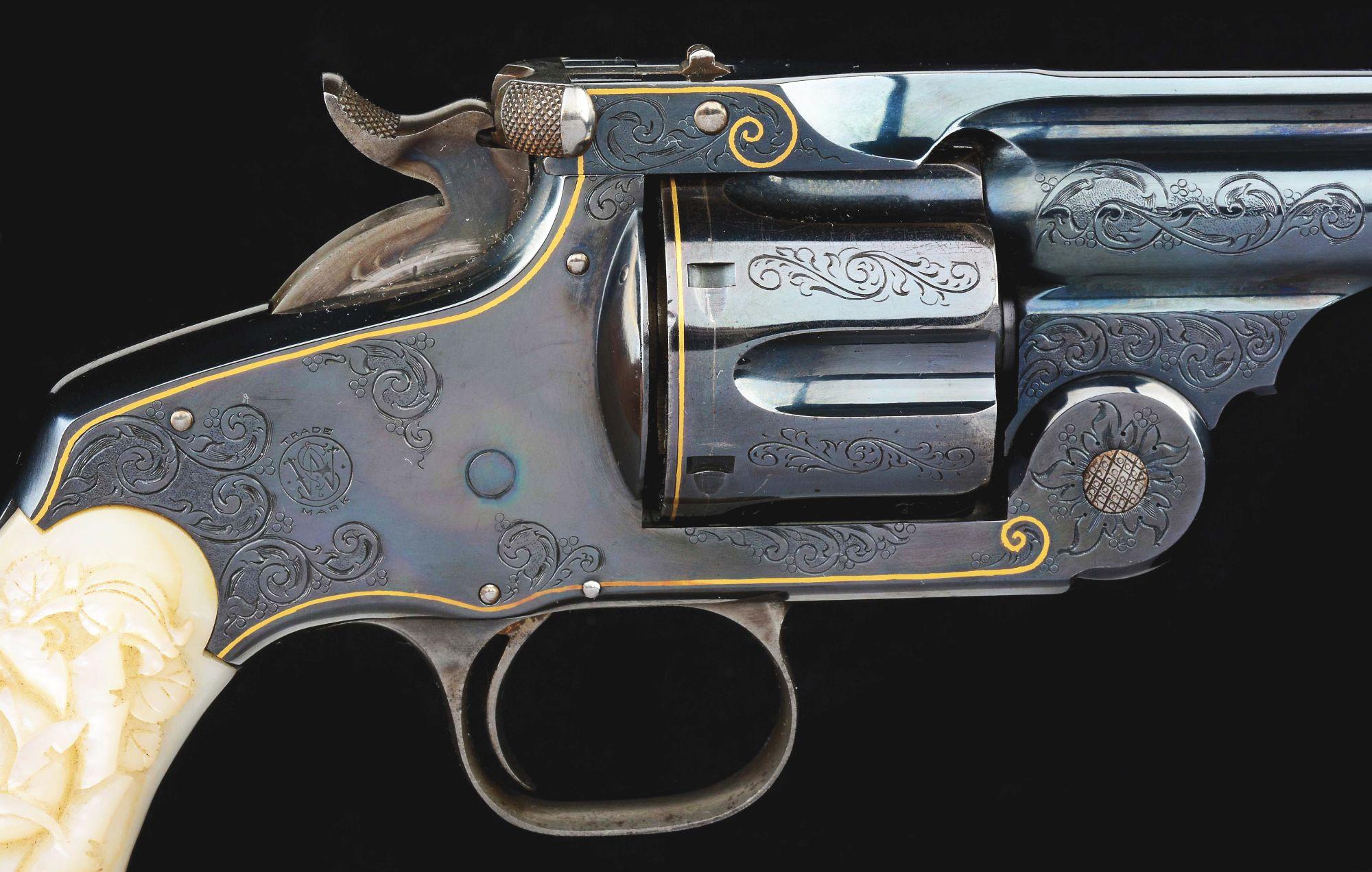 (A) Cased Pair of Japanese Engraved Smith & Wesson No. 3 Revolvers with Carved Pearl Grips.
