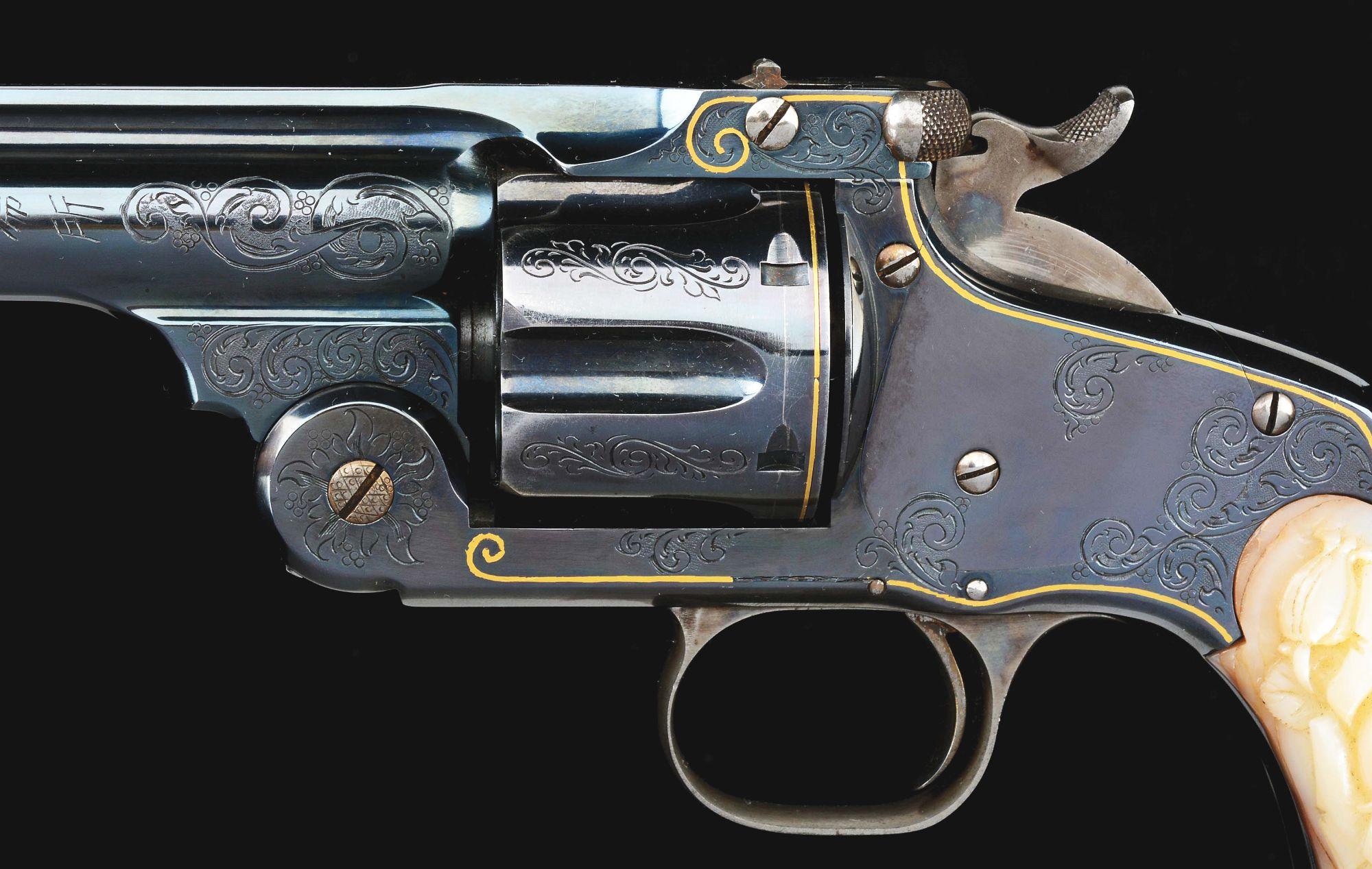 (A) Cased Pair of Japanese Engraved Smith & Wesson No. 3 Revolvers with Carved Pearl Grips.