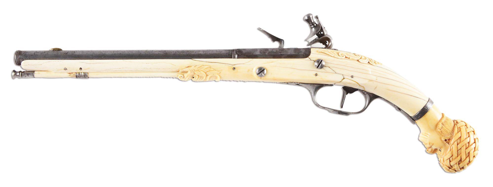 (A) An Extremely Rare and Magnificent Dutch Ivory Stock Flintlock Pistol, Maastricht Circa 1675 With