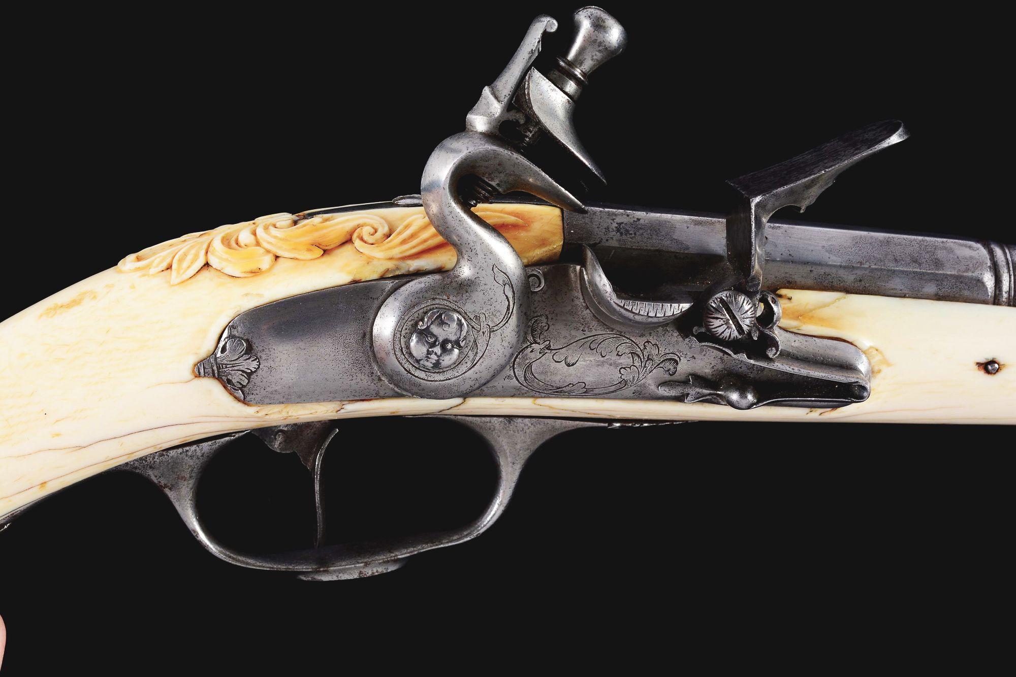 (A) An Extremely Rare and Magnificent Dutch Ivory Stock Flintlock Pistol, Maastricht Circa 1675 With