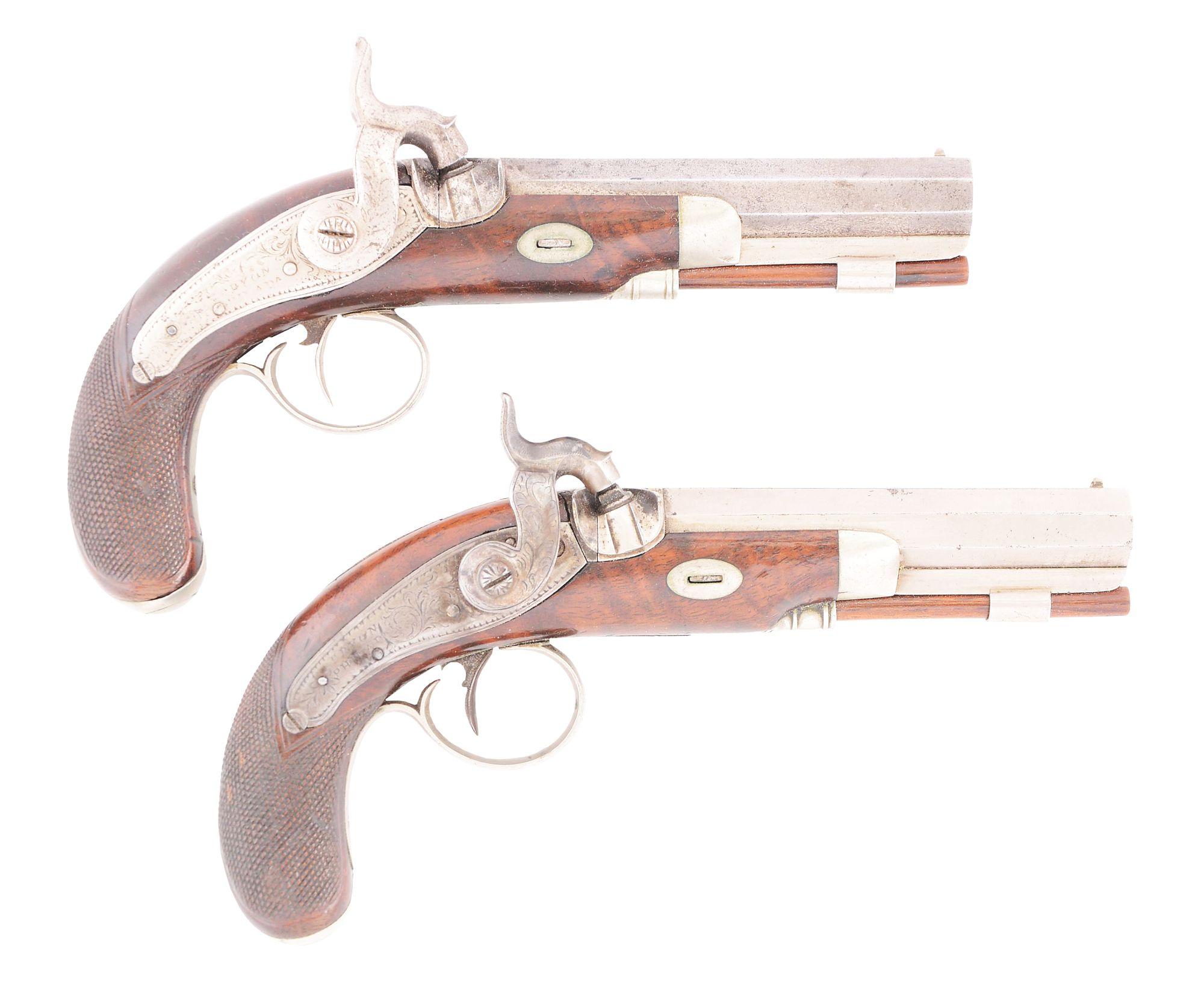 (A) AN UNUSUAL CASED PAIR OF DIMINUTIVE PERCUSSION BELT PISTOLS MARKED TRYON PHILADELPHIA ON LOCKS,