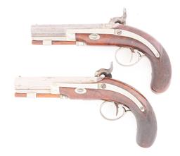 (A) AN UNUSUAL CASED PAIR OF DIMINUTIVE PERCUSSION BELT PISTOLS MARKED TRYON PHILADELPHIA ON LOCKS,