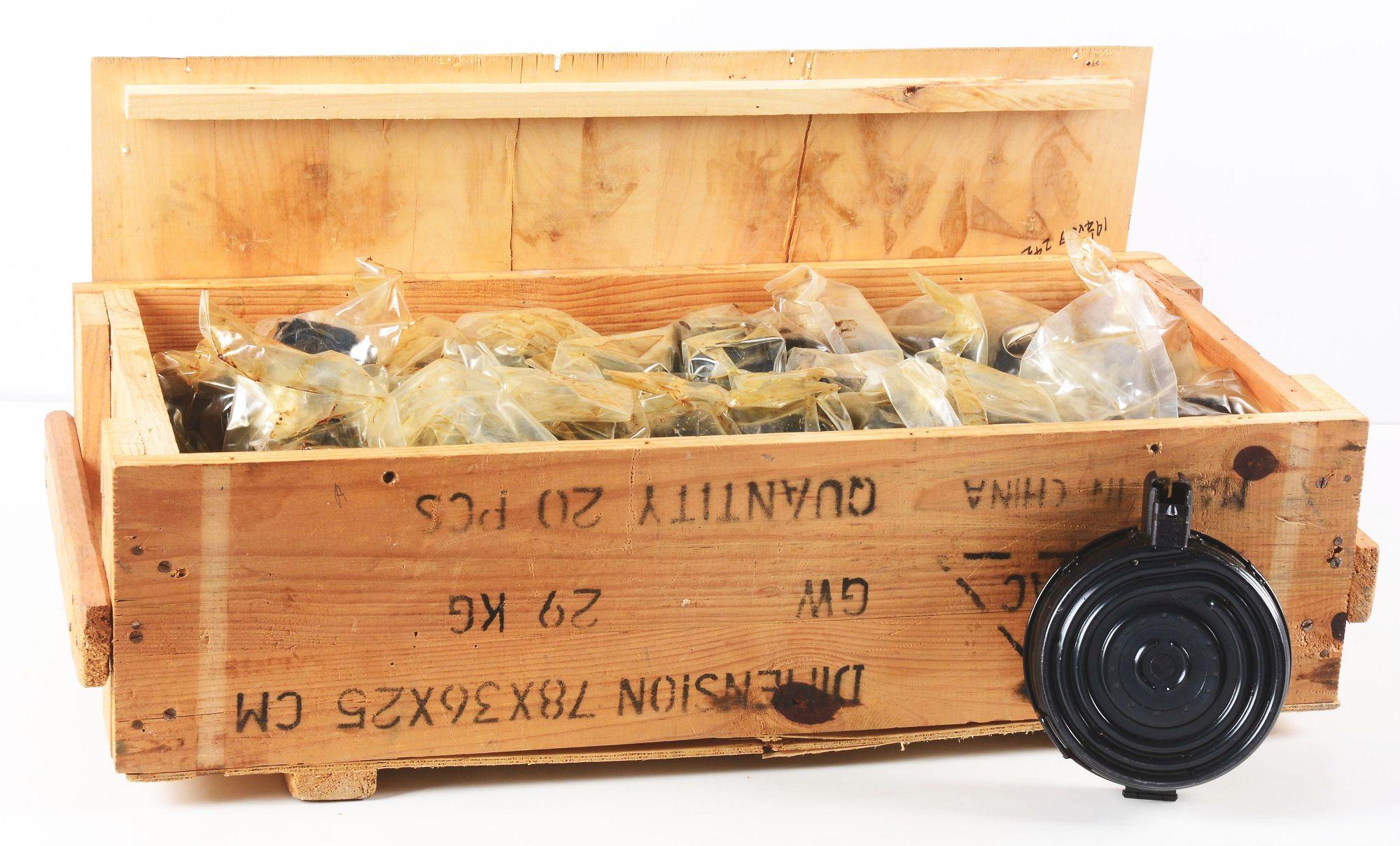 IMPORTER CRATE OF 20 SEALED PRE-BAN 75 ROUND AK DRUM MAGAZINES.