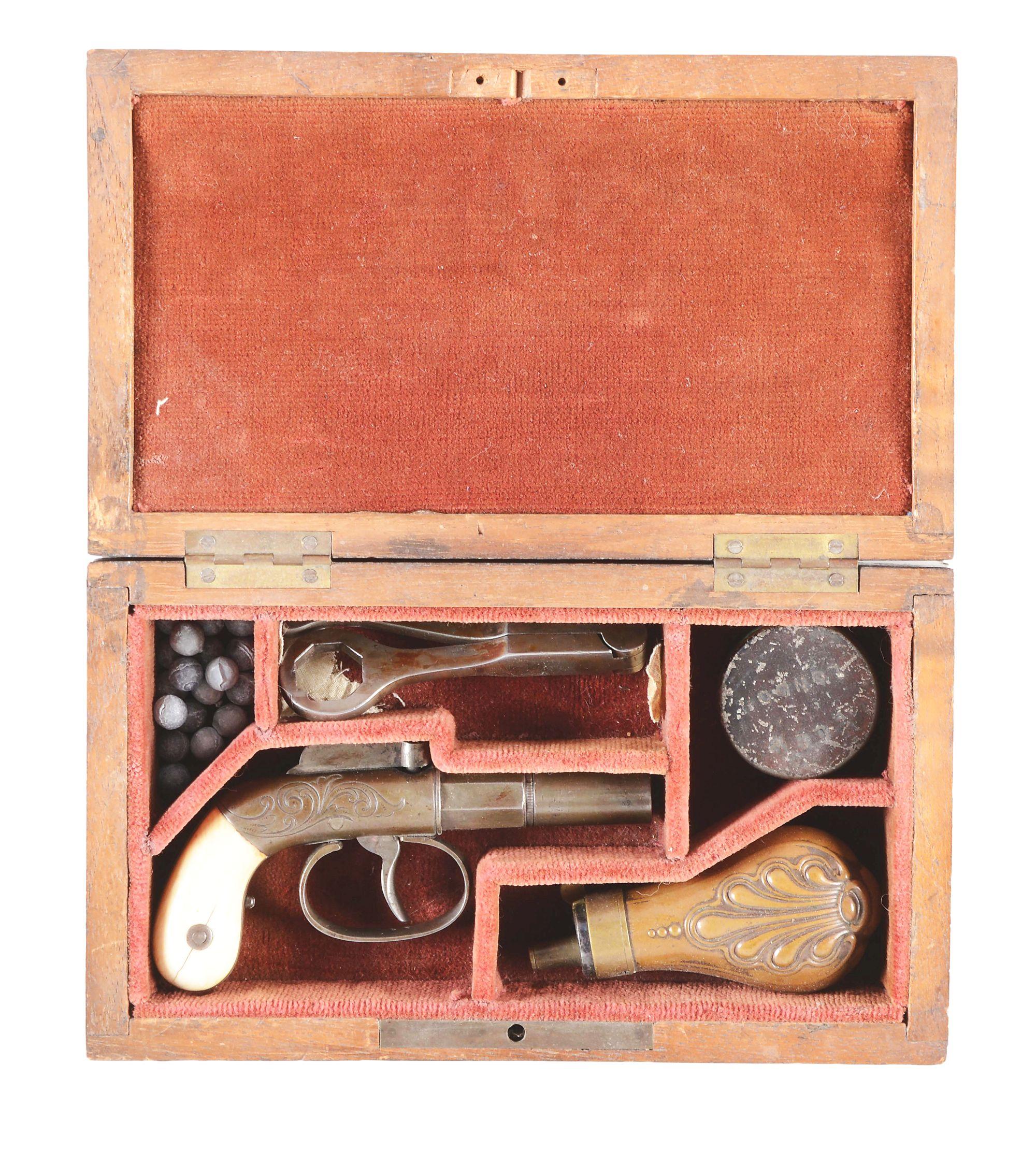 (A) CASED ALLEN & WHEELOCK SINGLE SHOT PERCUSSION BOOT PISTOL.