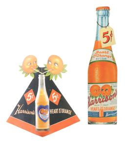 Lot Of 2: Harrison's Heart O'Orange Soda Pop Cardboard Easel Back Store Displays.