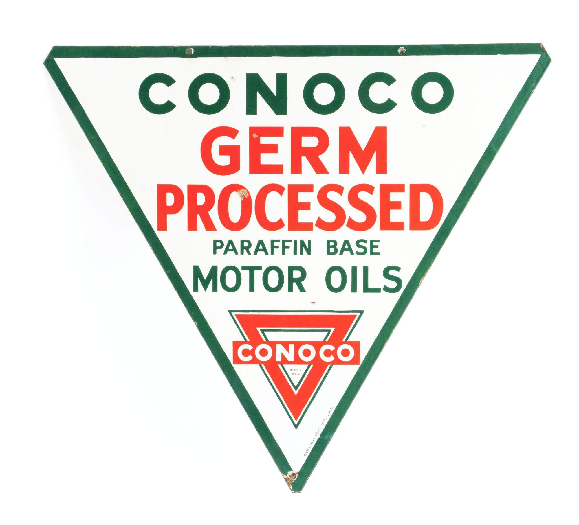 Conoco Germ Processed Motor Oils Porcelain Curb Sign.