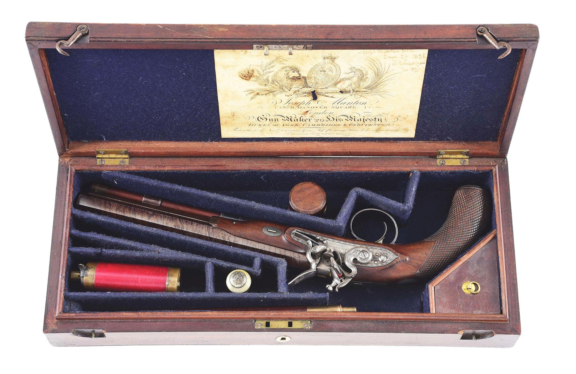 (A) A FINE CASED JOSEPH MANTON FLINTLOCK PISTOL.