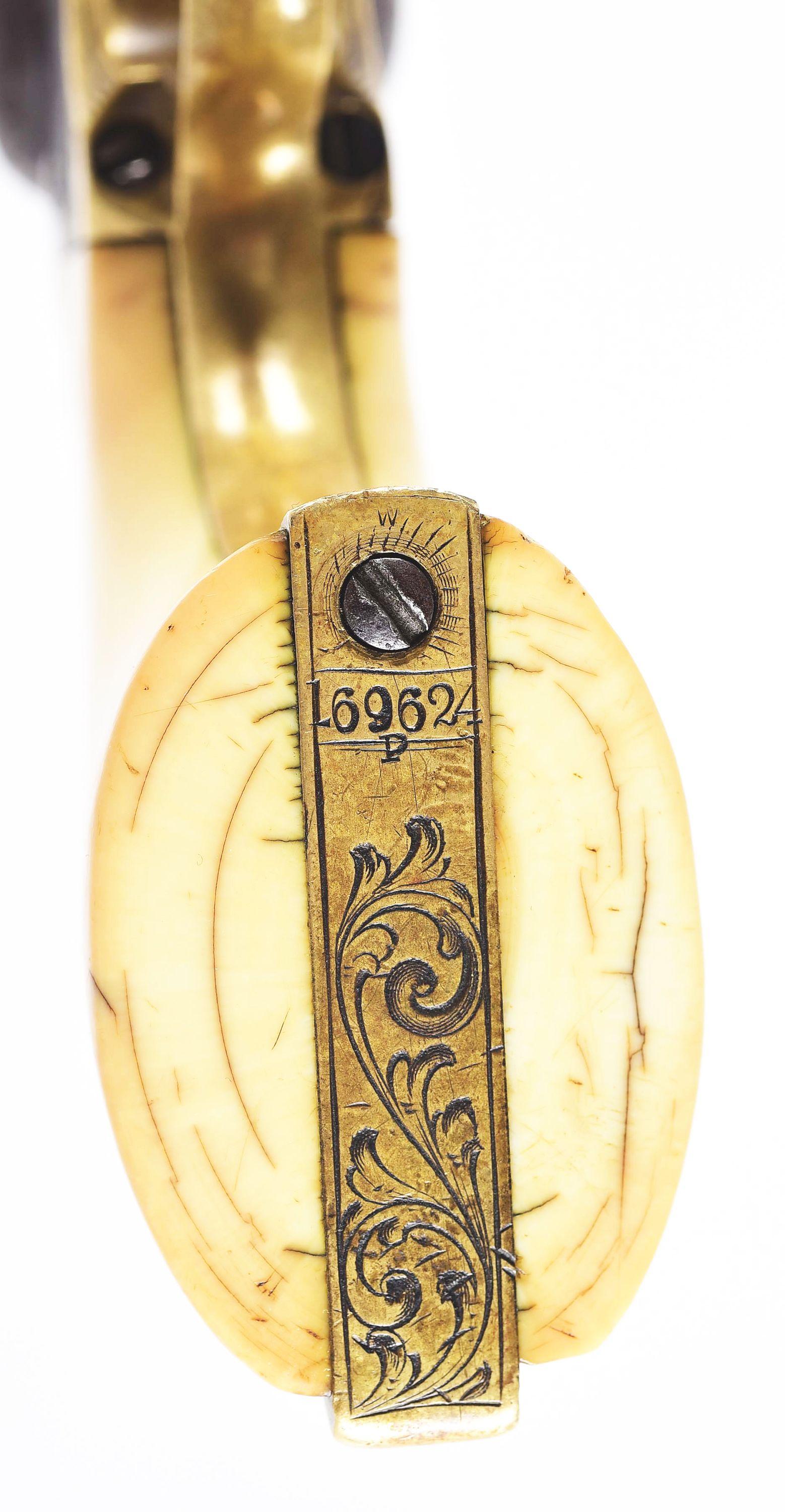 (A) ENGRAVED COLT 1851 NAVY .36 CALIBER PERCUSSION REVOLVER WITH IVORY GRIPS.