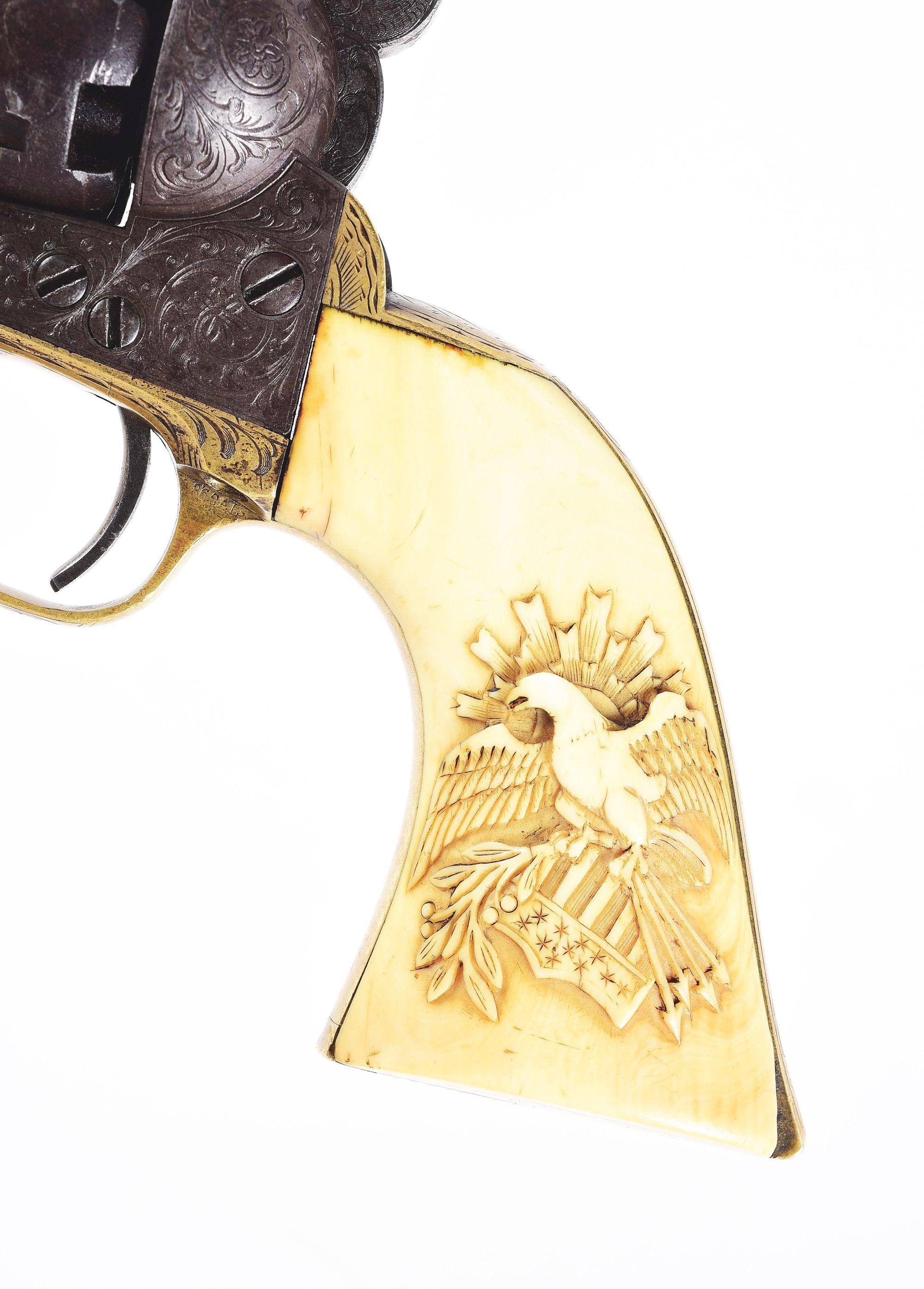 (A) ENGRAVED COLT 1851 NAVY .36 CALIBER PERCUSSION REVOLVER WITH IVORY GRIPS.