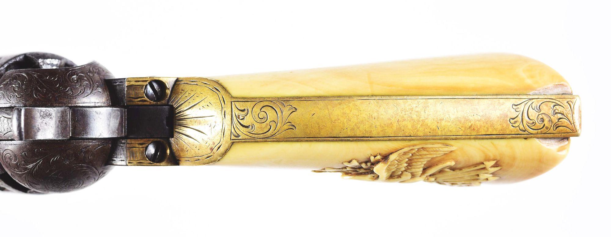 (A) ENGRAVED COLT 1851 NAVY .36 CALIBER PERCUSSION REVOLVER WITH IVORY GRIPS.