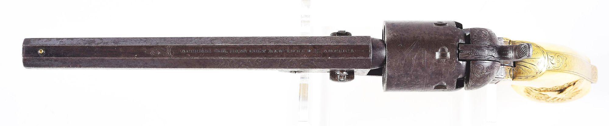 (A) ENGRAVED COLT 1851 NAVY .36 CALIBER PERCUSSION REVOLVER WITH IVORY GRIPS.