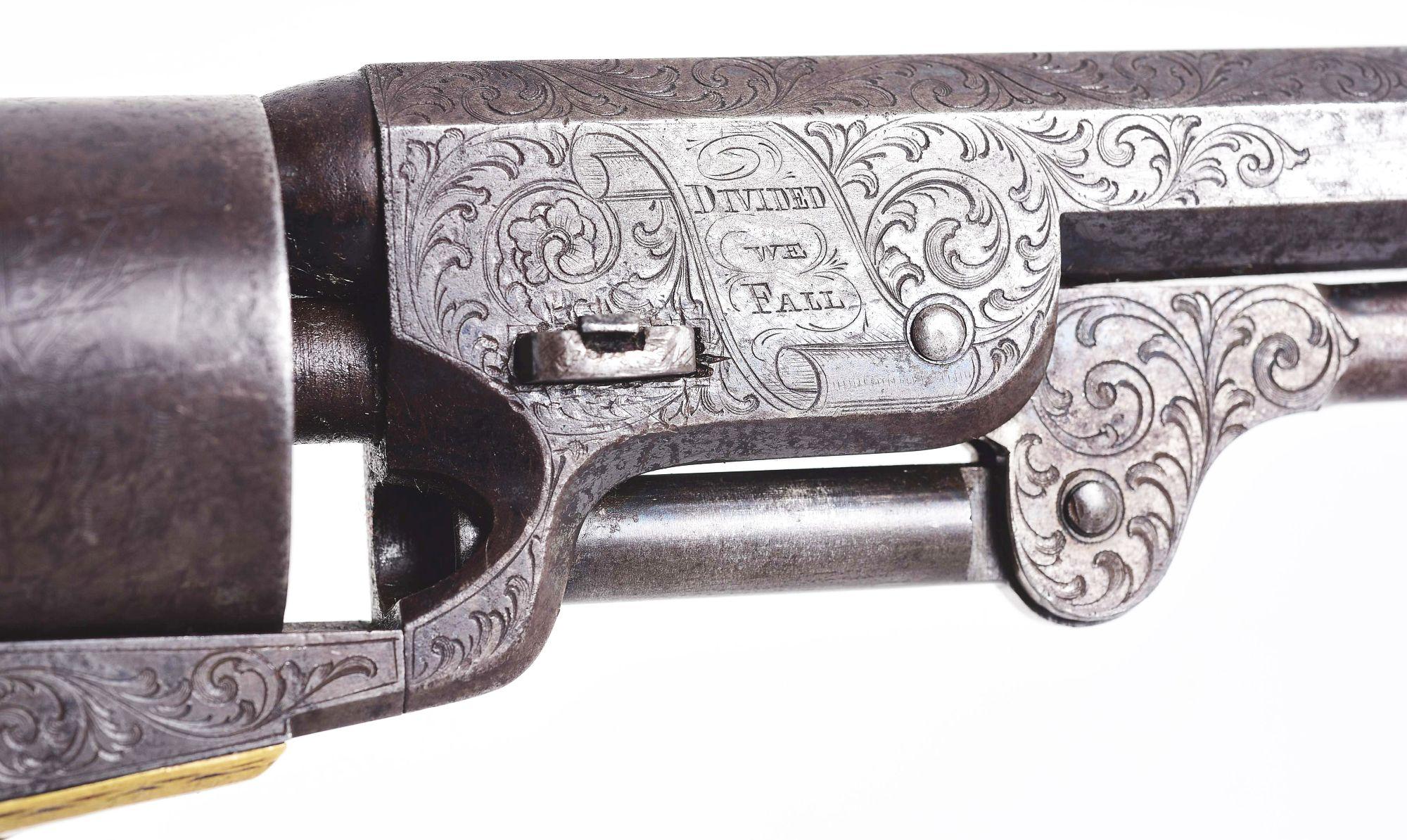(A) ENGRAVED COLT 1851 NAVY .36 CALIBER PERCUSSION REVOLVER WITH IVORY GRIPS.