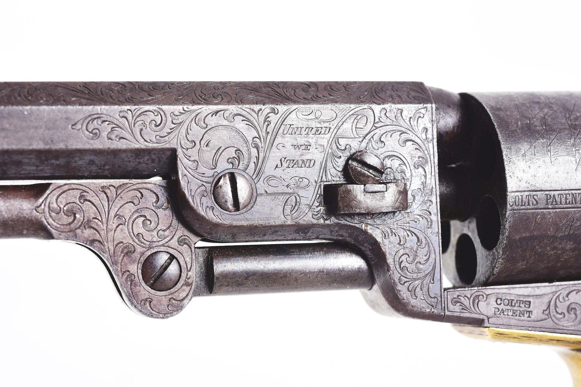 (A) ENGRAVED COLT 1851 NAVY .36 CALIBER PERCUSSION REVOLVER WITH IVORY GRIPS.