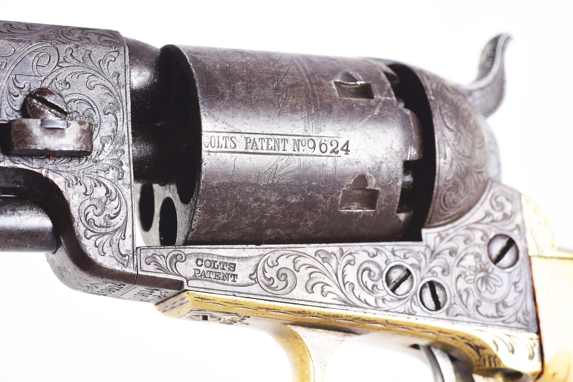 (A) ENGRAVED COLT 1851 NAVY .36 CALIBER PERCUSSION REVOLVER WITH IVORY GRIPS.